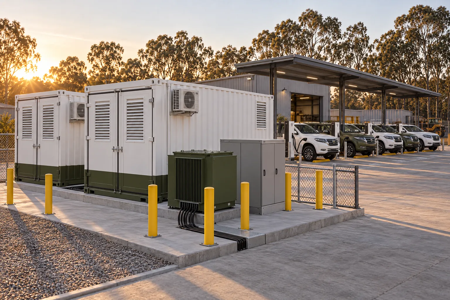 Two white battery storage containers, a transformer and a switchboard on a concrete pad at a fleet depot, with Tusker utes charging under the canopy behind