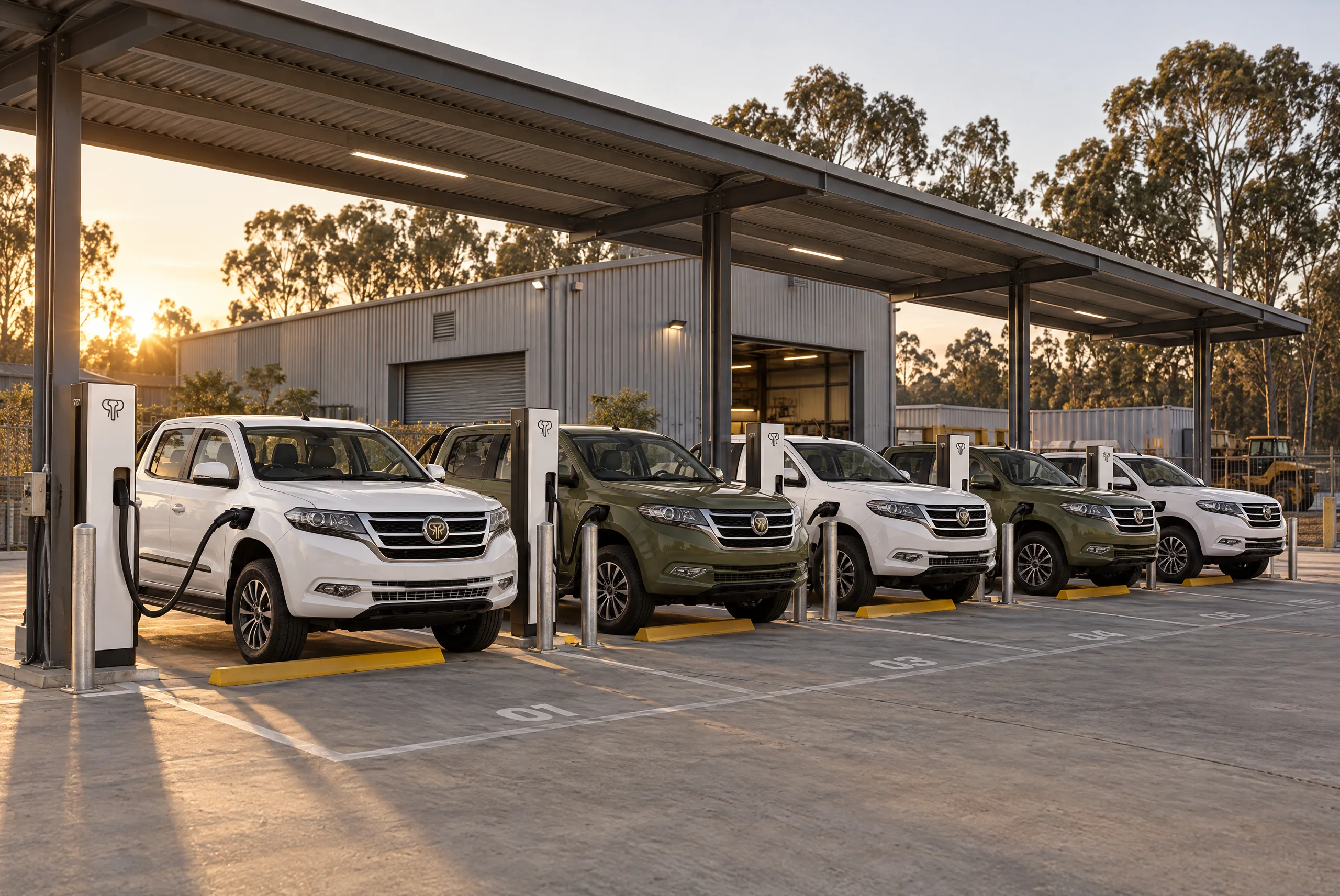 Row of Tembo Tusker utes charging nose-in at pedestal DC chargers under a depot canopy at sunrise