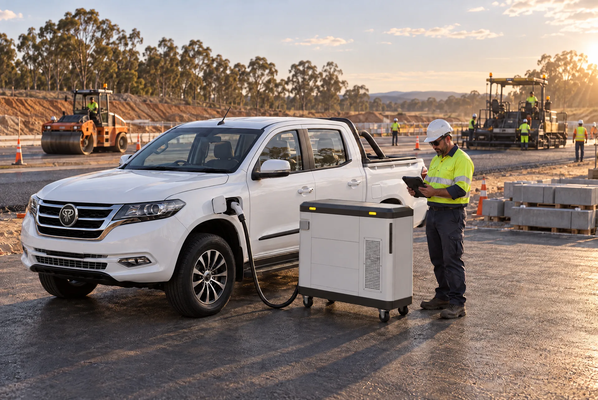 Road worker with a tablet beside a Tembo 03 mobile DC charger plugged into a white Tembo Tusker on fresh asphalt at a highway construction site