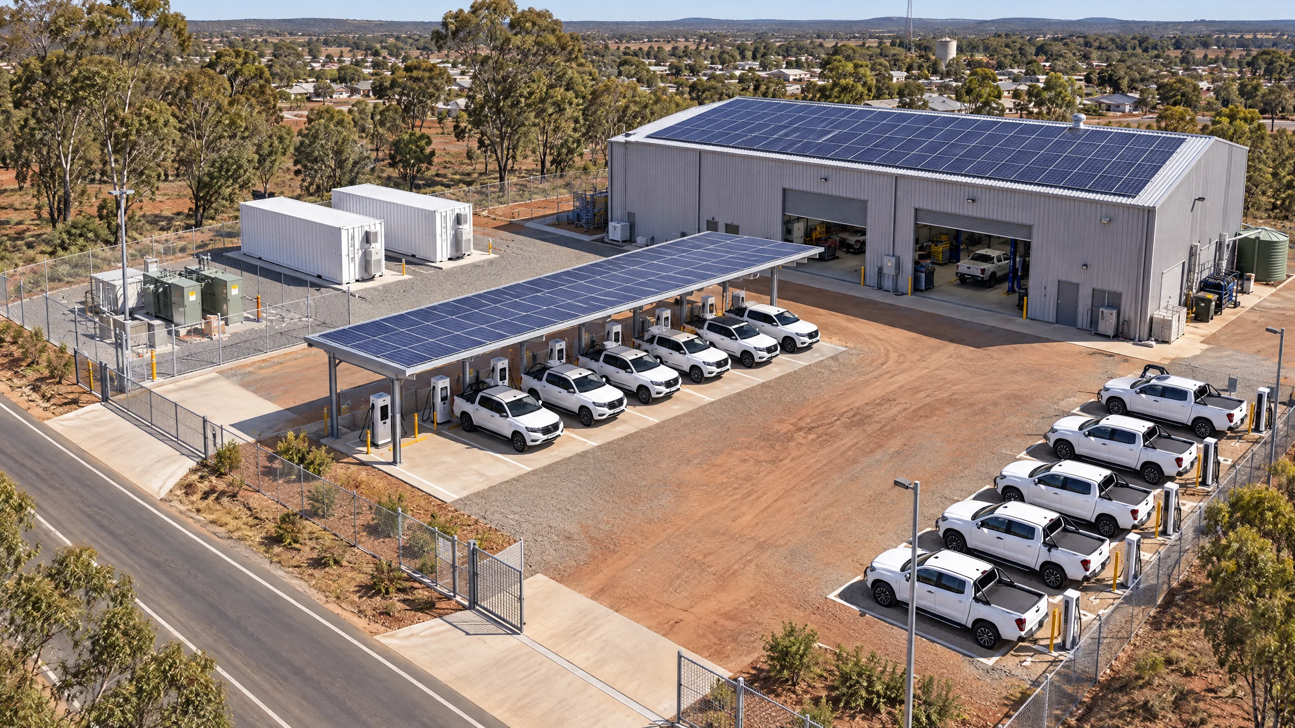 Aerial view of an electric fleet depot with transformer enclosure, battery containers, a solar canopy over DC bays, a solar-roofed workshop and an overnight charging yard
