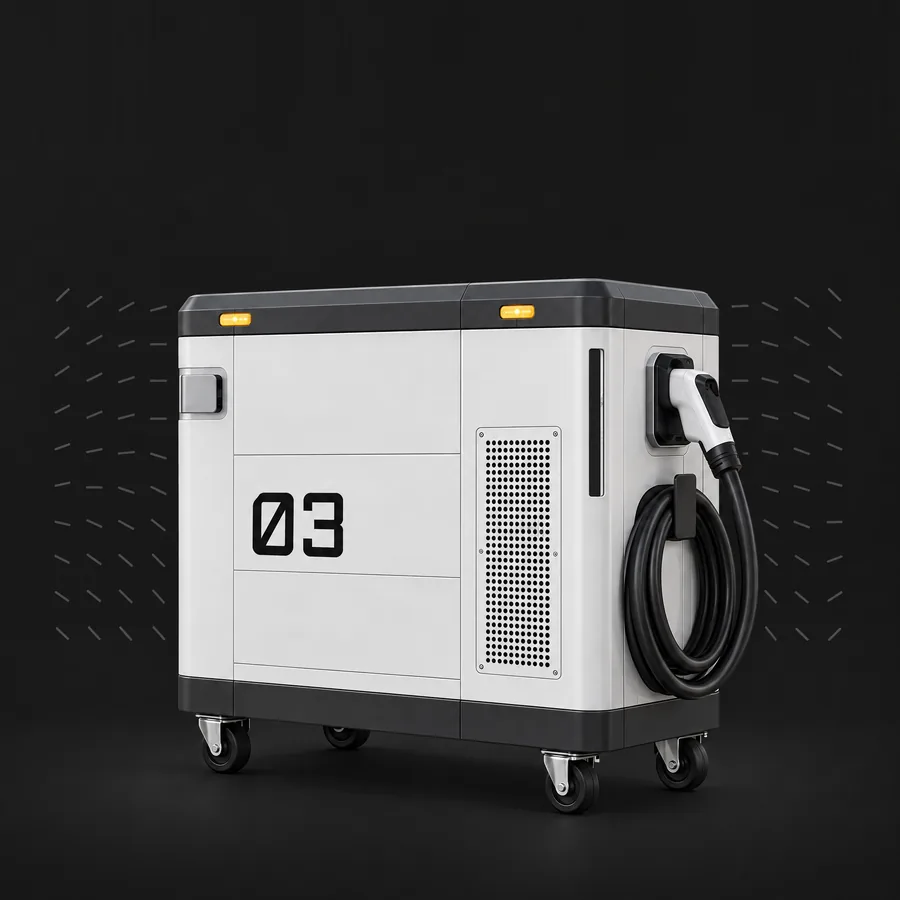 Tembo 03 mobile DC charger: a compact white unit on four casters, connector holstered and cable coiled on its side
