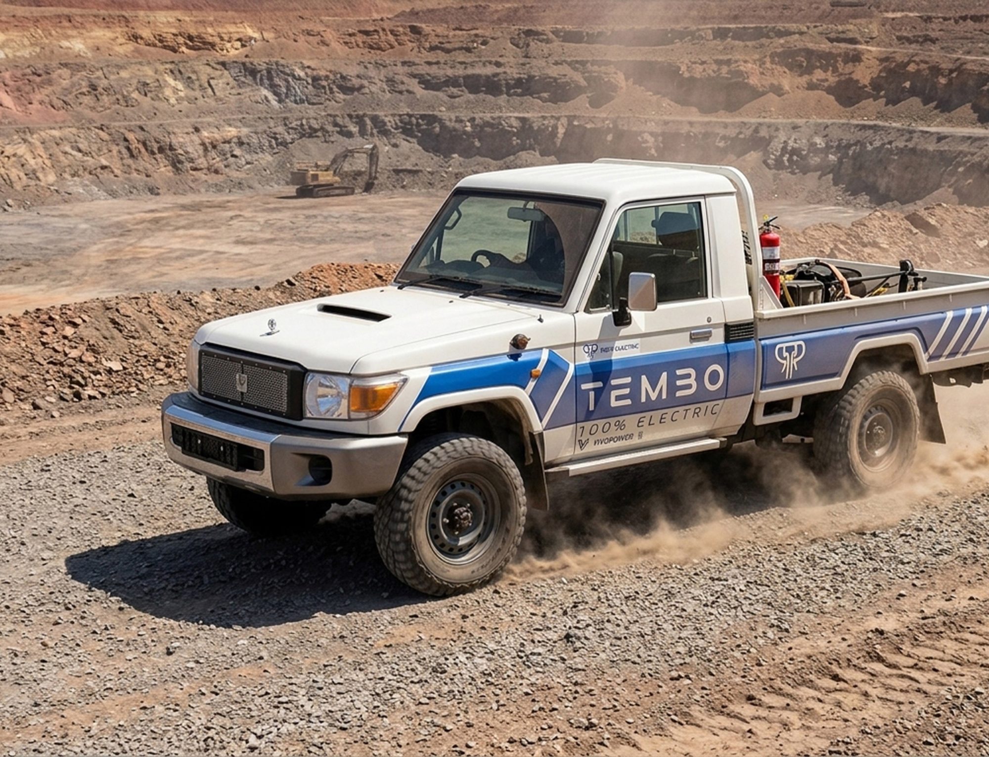 Ute converted with the Tembo EUV E-Power kit driving through dust on a mine site