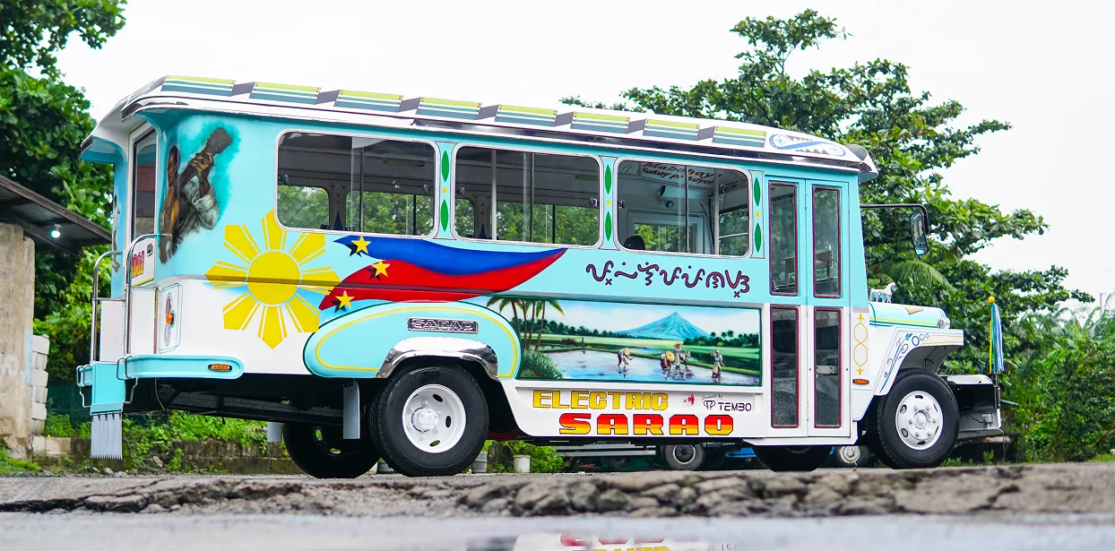 Electric Sarao jeepney, rear three-quarter view