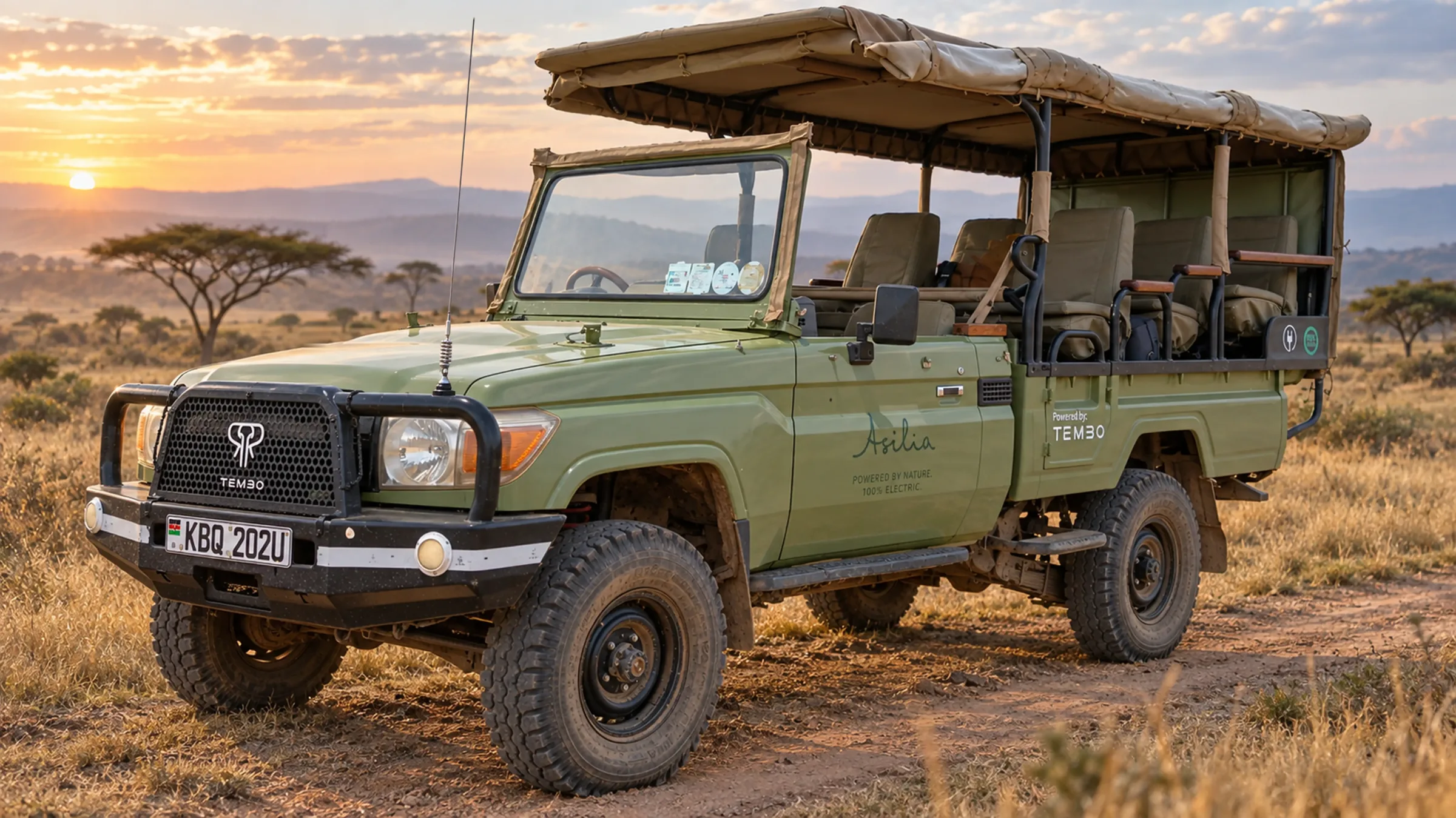 Asilia safari vehicle with a Tembo electric conversion on the savannah at sunset