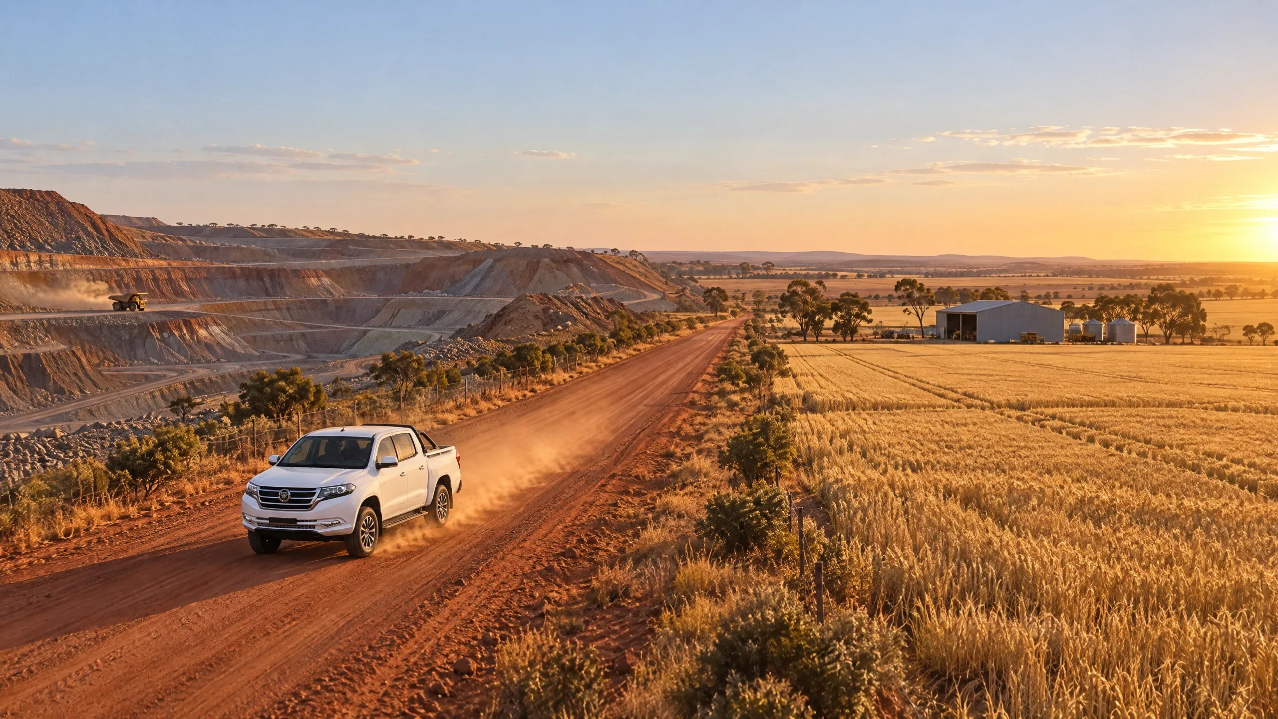 White Tembo Tusker driving a red-dirt road at sunset beside a wheat farm